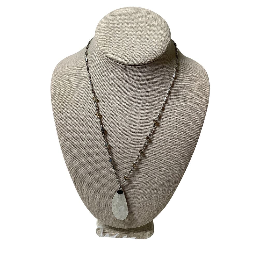 J.Crew Silver Tone Long Beaded Teardrop Quartz Pendant Statement Necklace C32-27